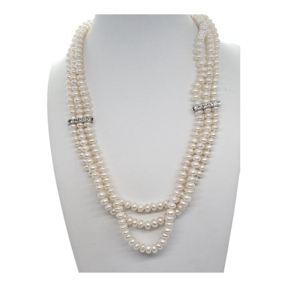 Unknown Jewelry - Freshwater Pearl Necklace 3 Strand White Rhinestone Spacers Silver Tone Layered